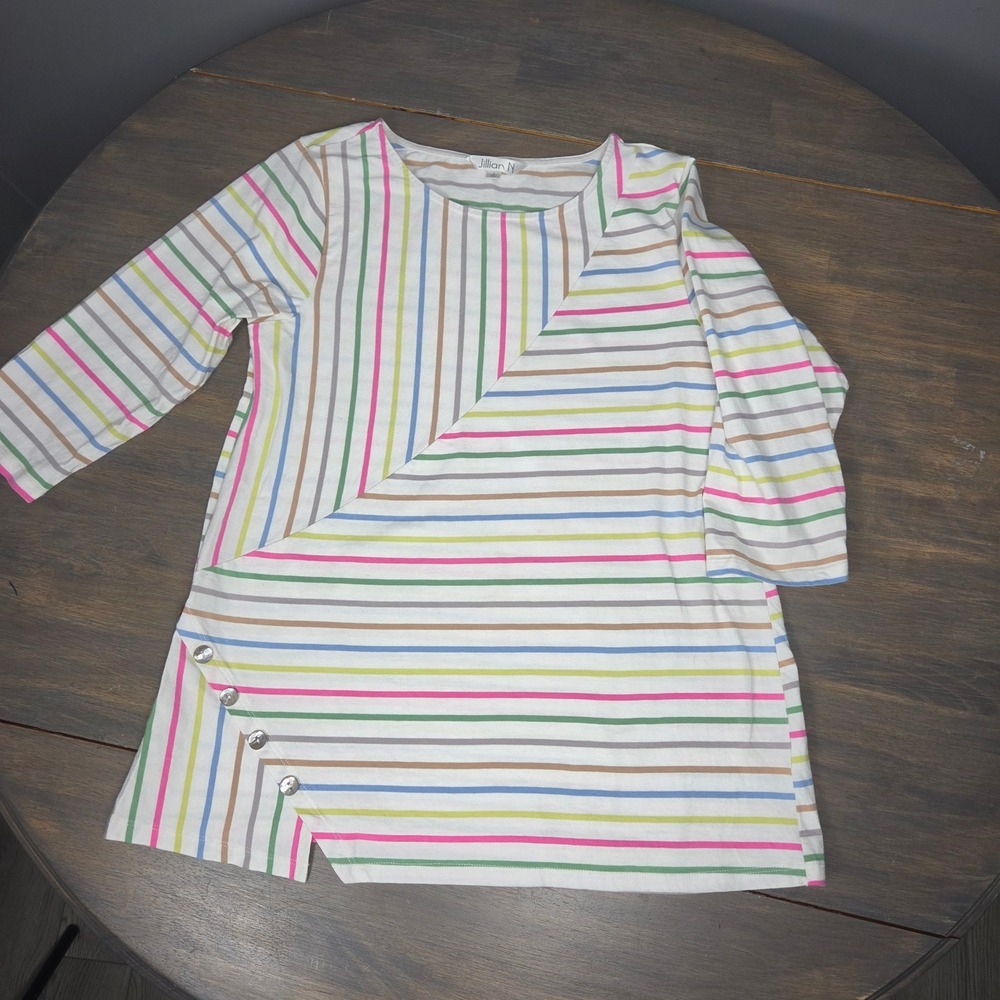 Jillian N Womens Large Tunic Top Asymmetrical Button Hem Striped Cotton Multi